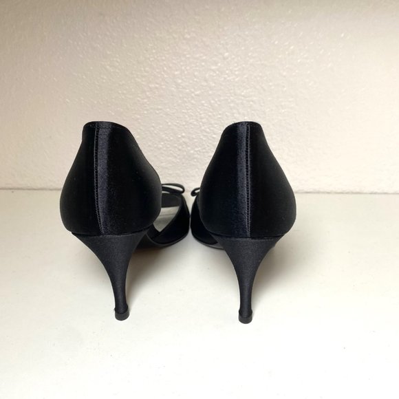 NEW Stuart Weitzman Peep Toe Bow Stiletto D'orsay Satin Sandal Heels 7.5 Black - Picture 5 of 9